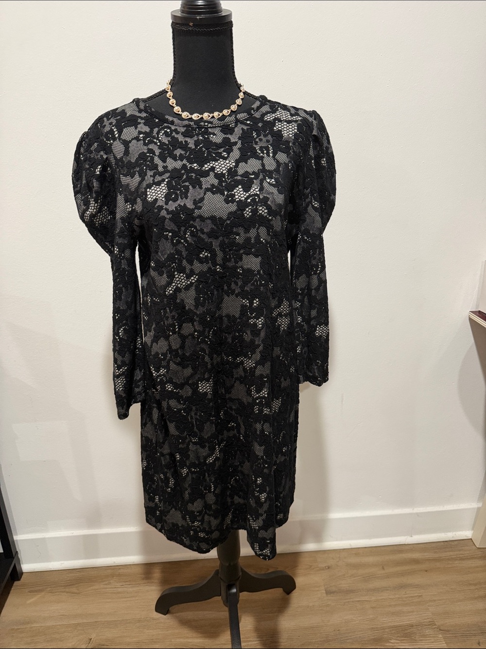 Michael Kors Black Floral Lace Long-Sleeve Shift Dress